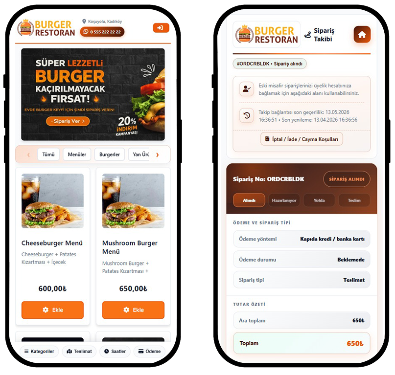 Two phone screens: burger restaurant online menu and order tracking demo.