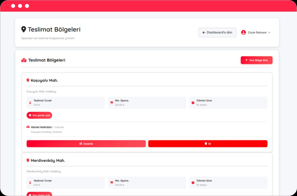 Dijifis admin: Delivery Regions page with per-area fee, minimum order, estimated time and region cards.