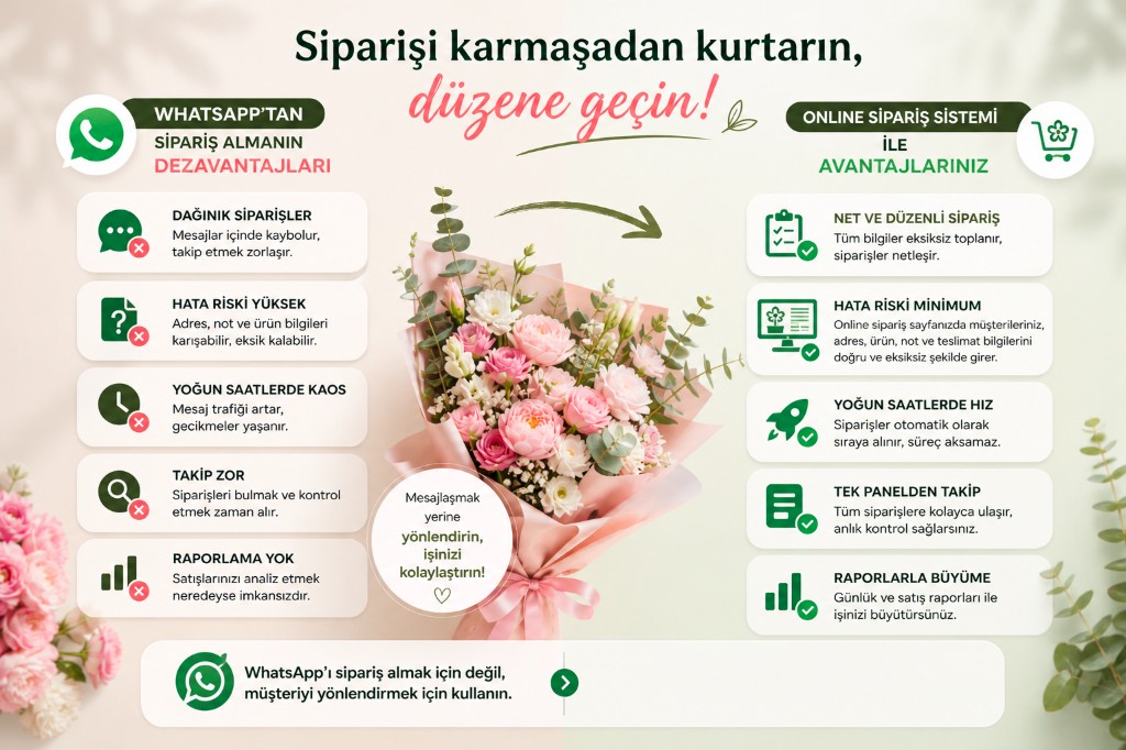Infographic comparing downsides of taking orders on WhatsApp (messy orders, high error risk, chaos at peak times, hard tracking, little reporting) with benefits of an online ordering system (clear orders, lower error risk, speed at peak times, one dashboard, growth with reports). Footer: use WhatsApp to guide customers, not to take orders.