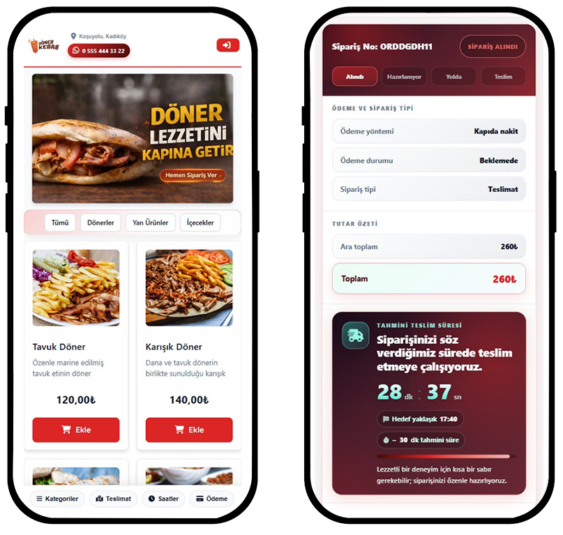Two phone screens: example döner restaurant online menu and order tracking.