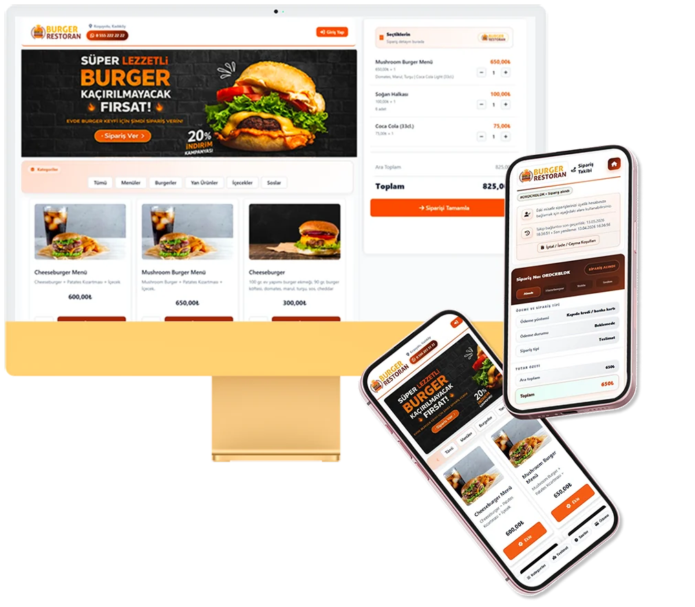 Provisionsfreies Online-Bestellen — Burger-Restaurant-Beispiel; Desktop- und Mobilansicht