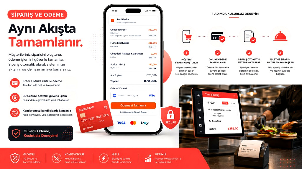 Order and payment flow: customer order, online checkout, automatic panel sync and kitchen preparation