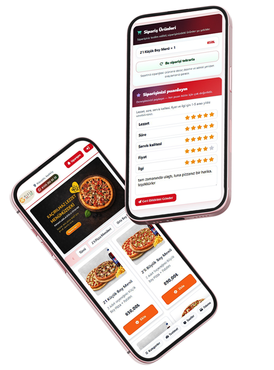 Zwei Smartphone-Screens: Beispiel für Online-Speisekarte und Bestelltracking einer Pizzeria.