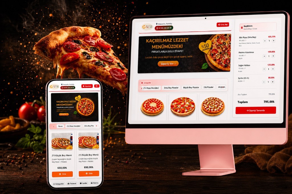 Online-Bestellsystem für eine Pizzeria: Desktop- und Mobilansicht mit Menü, Warenkorb und Aktionsgrafik.