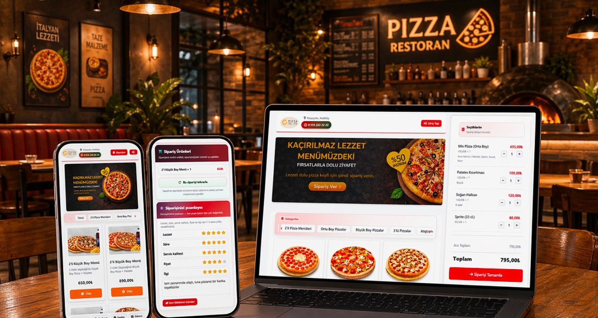 Online-Pizza-Bestellung auf Tablet und Smartphone in der Pizzeria