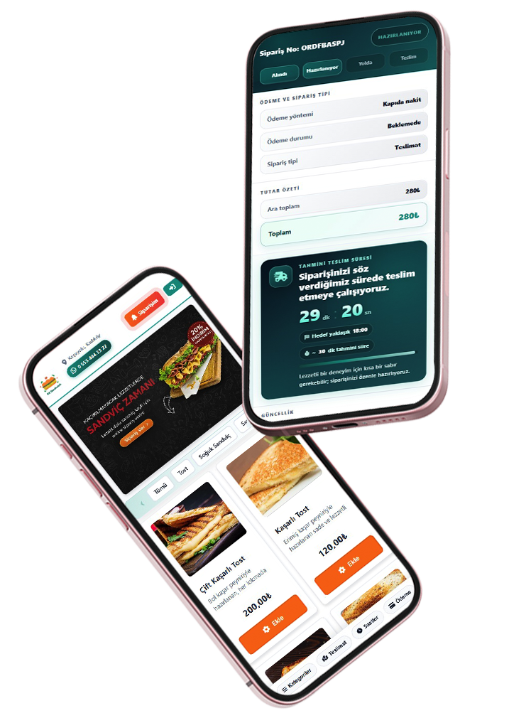 İki akıllı telefon: tost ve sandviç dükkanı için online menü ve sipariş takip ekranı örneği.