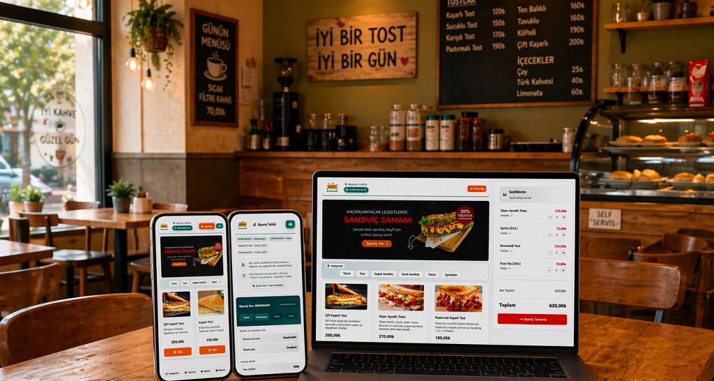 Tost ve sandviç işletmesinde tablet ve telefonda online sipariş ekranı
