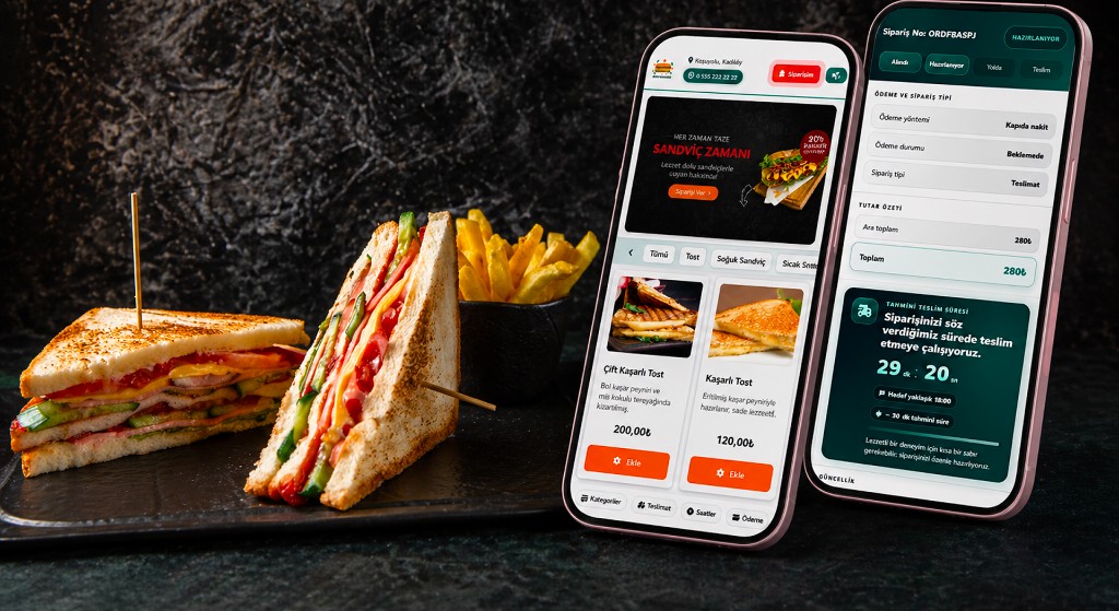 Tost ve sandviç online sipariş: masaüstü ve mobil arayüz, menü ve sepet.